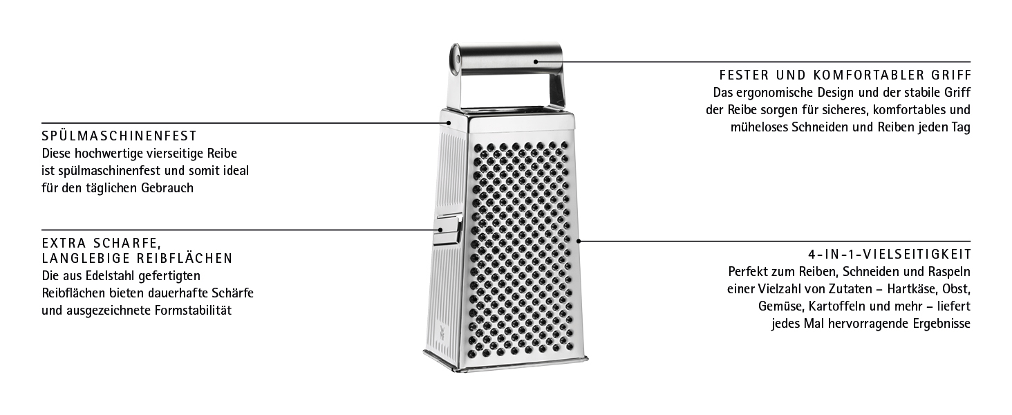 Тёрка кухонна WMF Gourmet Vierkantreibe, 8 x 24 см, нержавіюча сталь, 4 поверхні, для овочів та картоплі, Cromargan, придатна для миття в посудомийній машині