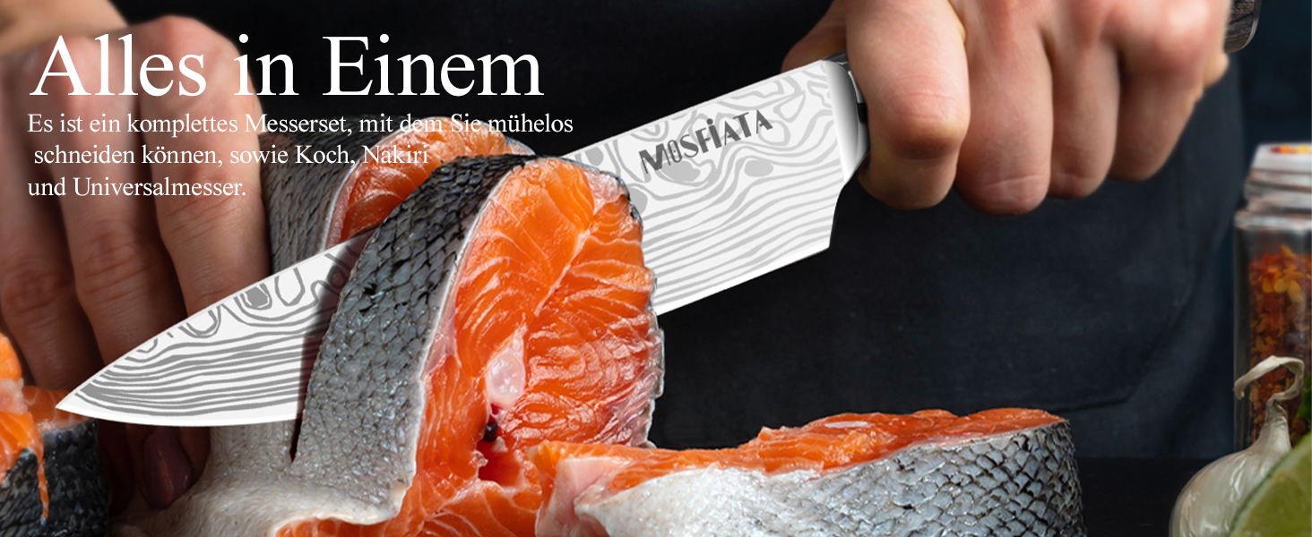 Набір кухонних ножів MOSFiATA 5 предметів з високоякісної вуглецевої нержавіючої сталі: Ніж Накірі 18 см, Універсальний ніж 13 см, Ніж для хліба, Точилка для ножів та Подарункова коробка