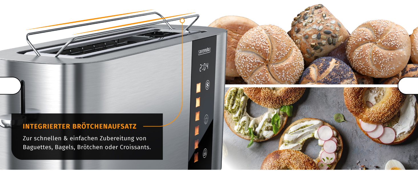 Тостер Arendo з нержавіючої сталі, 2 відділення, довгий проріз, сенсорний екран, подвійні стінки, насадка для бургерів, 6 рівнів підсмажування, центрування хліба, індикатор часу, функція пам'яті, чорний (C: Steelsilver)