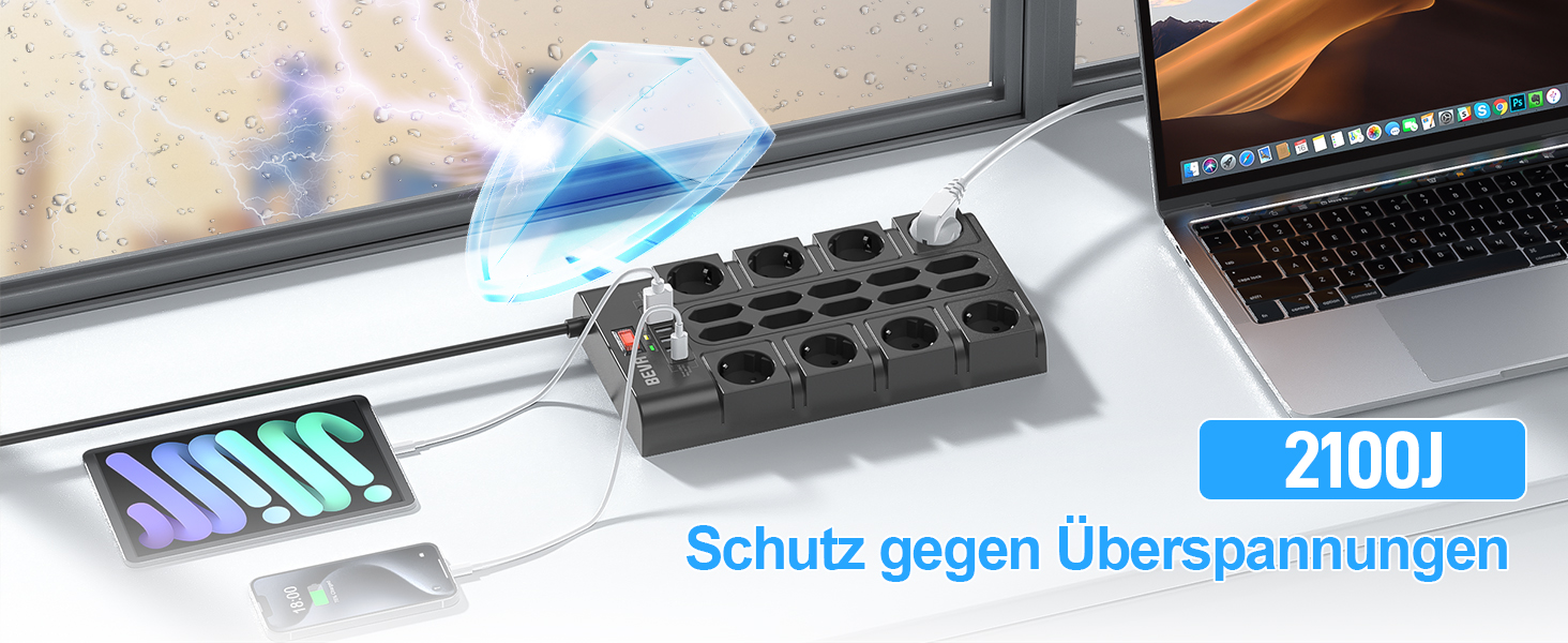 Мережевий фільтр BEVA з 18 розетками, 3680W/16A, захист від перенапруги 2100J, 2 USB-C (15W) + 4 USB-A, з вимикачем, для офісу та дому