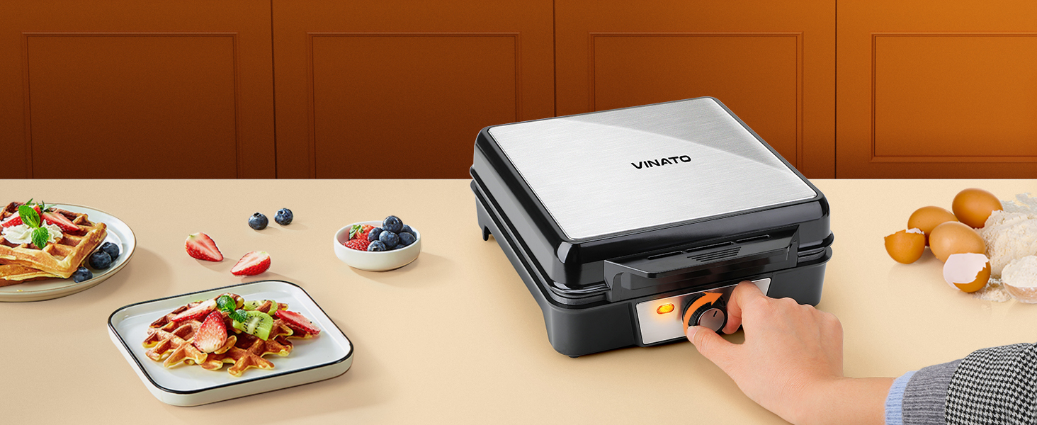 Вафельниця VINATO для приготування 4 бельгійських вафель, 1200 Вт, антипригарне покриття, регулювання температури, чорний колір