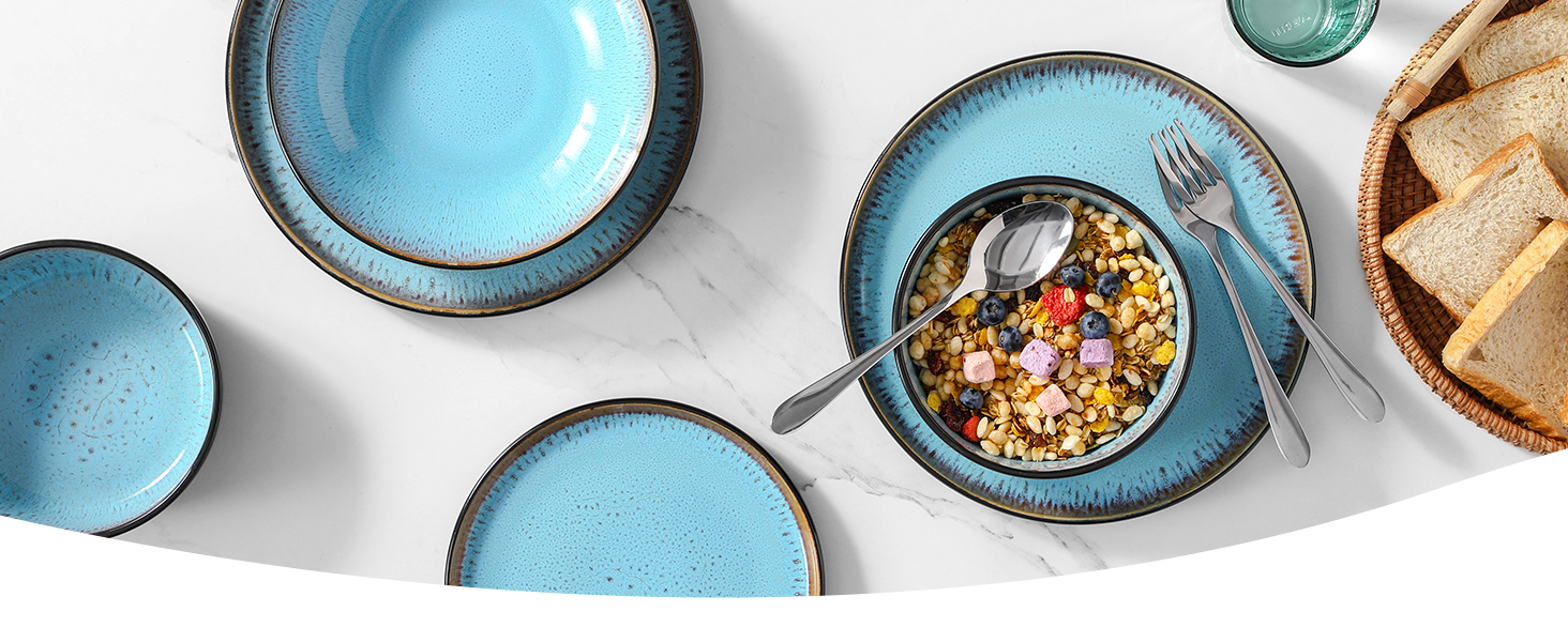 Набір посуду Steingut 24 штуки Vancasso AMBER: тарілки, супові тарілки, десертні тарілки, миски, реактивна глазур, морський блакитний, для 6 осіб, стійкий до миття в посудомийній машині