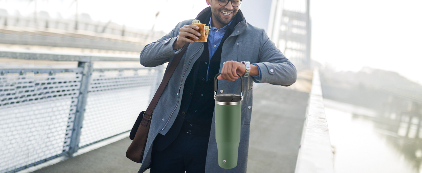 Термокружка Riley Joy 2.0 з нержавіючої сталі 1л з трубочкою та ручкою - для кави з собою, блакитна