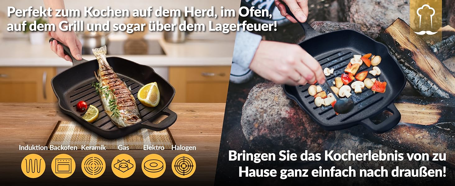 Чавунна гриль сковорода Chefarone 25.5 см з носиком – емальована сковорода для стейків, підходить для індукції, газу, склокераміки та духовки