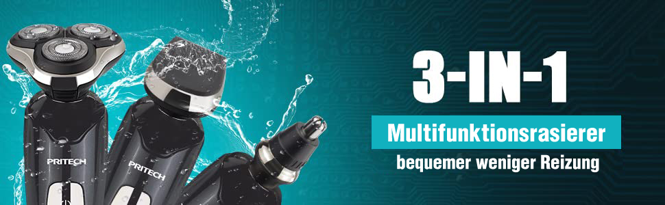 Електричний гостроющій PRITECH 3-в-1 для чоловіків: гостроющій, тример, та стрижка бороди. Бездротовий, IPX7, ротаційний, для сухого та вологого гоління. Червоний.