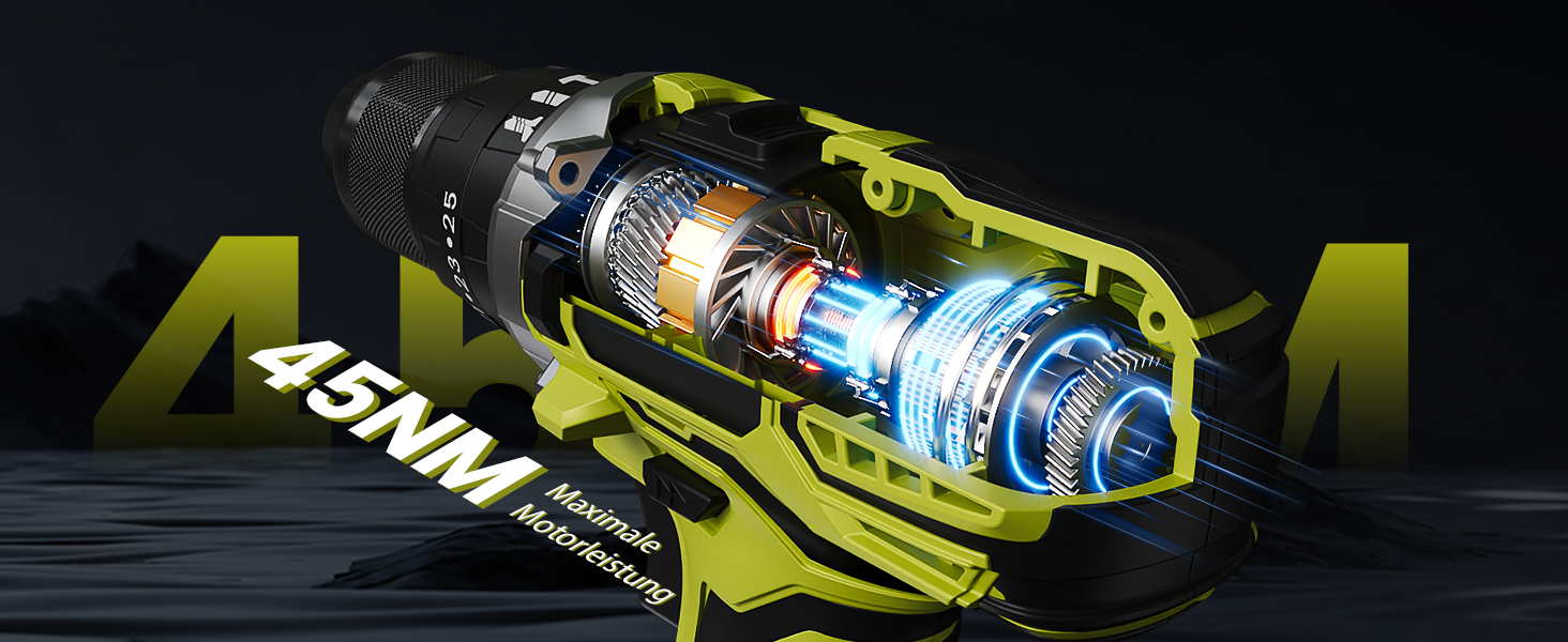 Акумуляторний дриль-шуруповерт 21V з 2 акумуляторами 2000mAh, 45Nm, 2 швидкості, 25+3 ступені крутного моменту, патрон 10мм, 27 предметний набір та кейс для дому та DIY