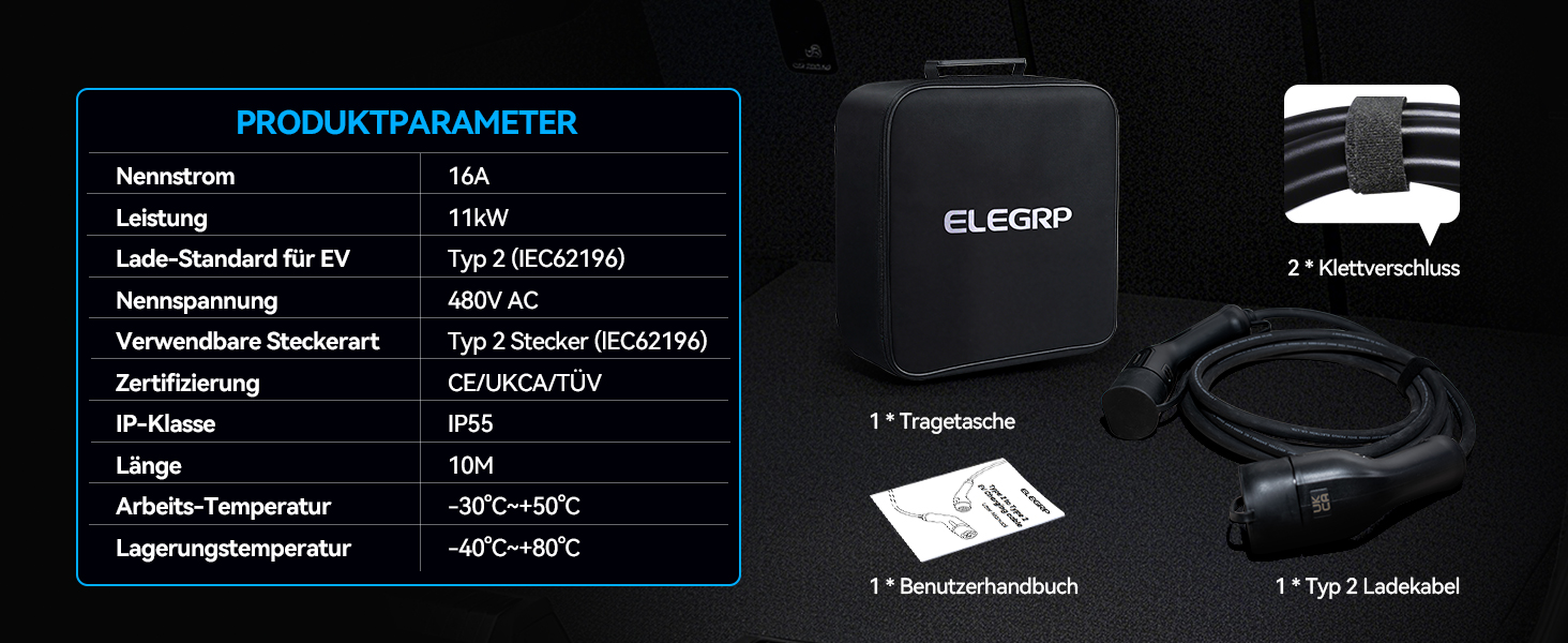 Кабель для зарядки електромобіля Typ 2 (32A, 22kW, 3-фазний) з сумкою, 10м, сумісний з Tesla, VW ID.3/4, e-Golf та іншими EV