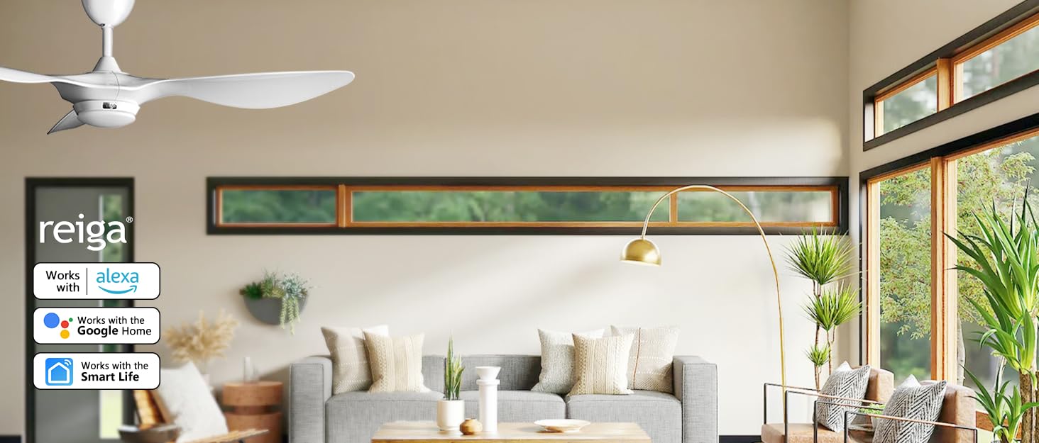 Стеляний вентилятор Reiga з підсвічуванням, 165 см, масивне дерево для зовнішнього використання IP44, диммована LED-лампа та DC-двигун, сумісний з Alexa & Google Home з пультом керування, дерев'яні лопаті, колір: коричневий