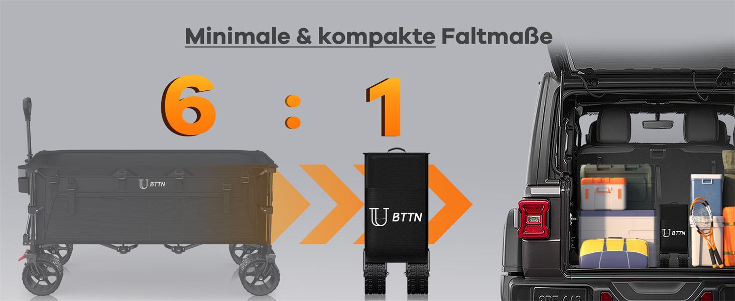 Візок садовий BTTN XXXL 300л, 210кг, чорний - складаний, з гальмами, широкі колеса 18x10 см для саду, пляжу, кемпінгу та покупок