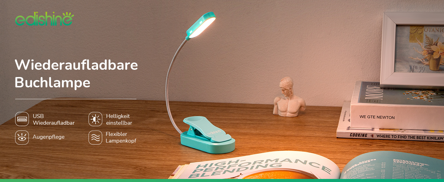 EDISHINE LED Кліпса для читання: USB-лампа з 3 кольорами та регулюванням яскравості, для дітей, для ліжка, авто, столу, кута. Захищає зір.