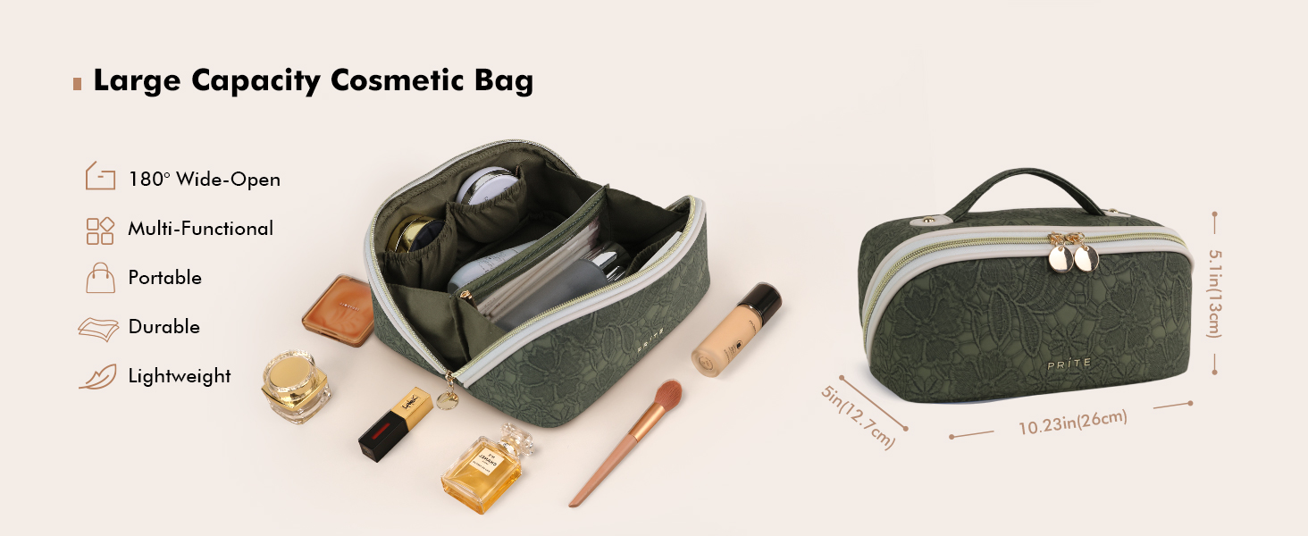 Косметичка для подорожей великого об'єму з прозорими перегородками, зелена квітка, водонепроникна, з PU-шкіри