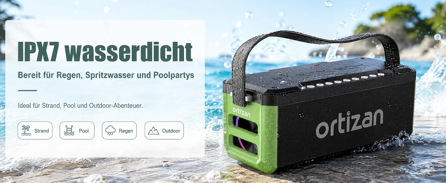 Ortizan Bluetooth колонка портативна 80 Вт, IPX7 водонепроникна, LED підсвітка, 12 год. роботи, Powerbank, стерео-з'єднання, зелено-чорна