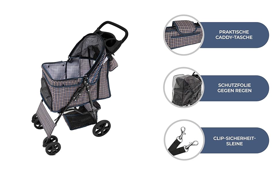 Візок для тварин Monster Shop з сумкою, знімний, синій тартан, складний, до 15 кг, колеса, гальма, сітка, кошик, тримач для напоїв, кишені, водонепроникний захист від дощу