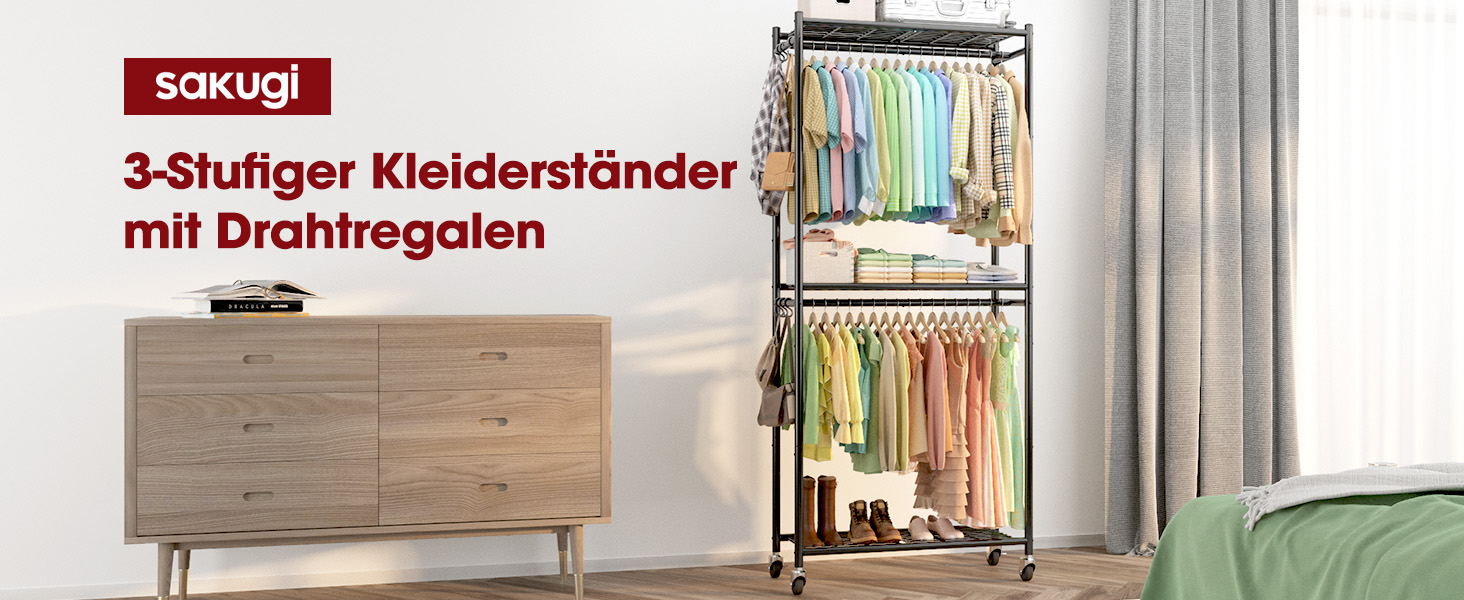 Стійка для одягу на колесах з полицями та гачками, металева, 84 x 31 x 202 см, чорна