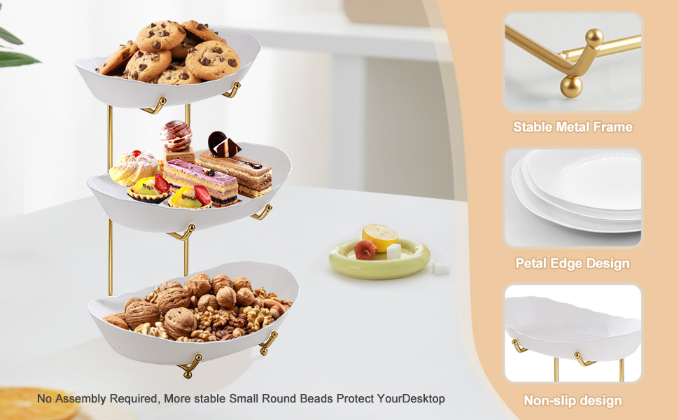 Стійка для фруктів та овочів JurciCat з 3 ярусами, золотий металевий каркас, білі пластикові миски