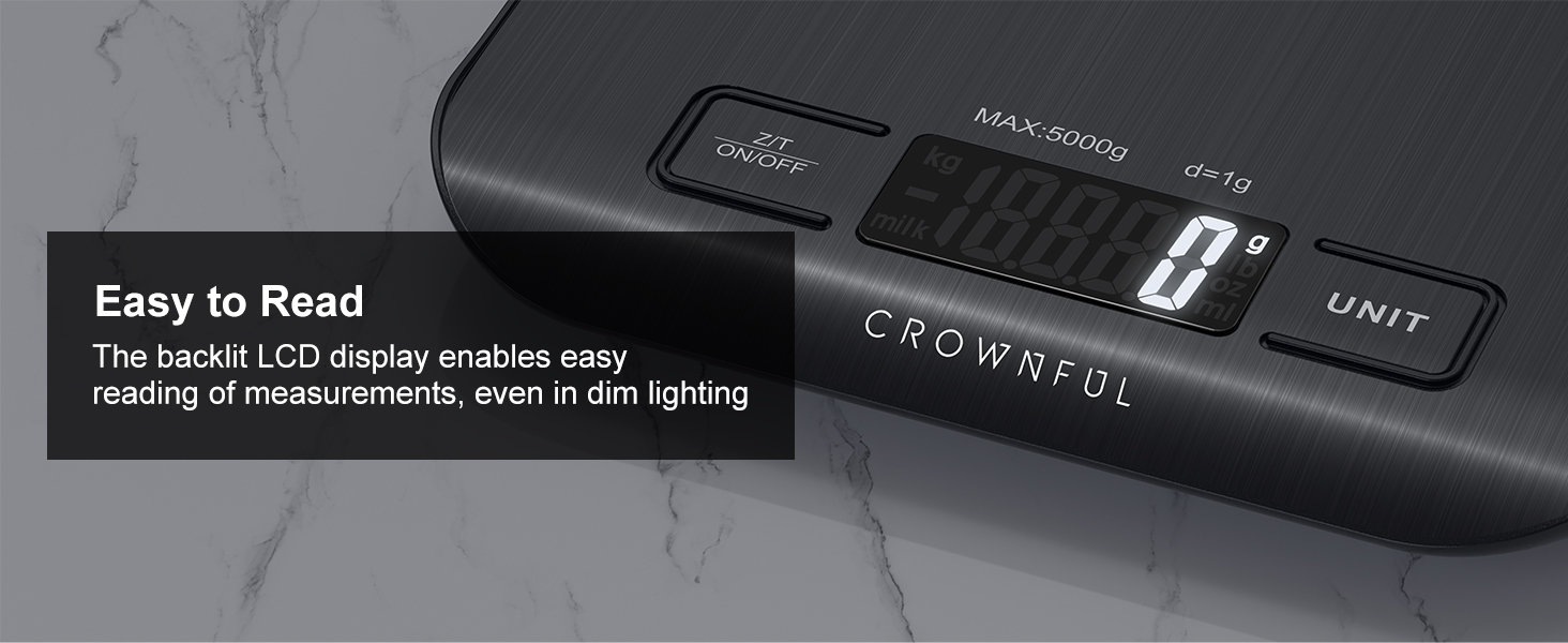 Кухонні ваги CROWNFUL, цифрові, 5 кг, з LCD-дисплеєм, нержавіюча сталь, висока точність (1 г), функція тарування (чорний)