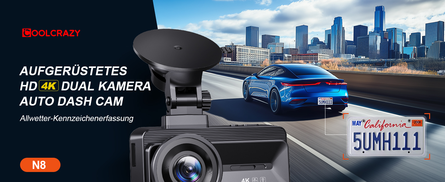 Відеореєстратор COOLCRAZY Dashcam Auto: 4K UHD, Dual камера, GPS, WiFi, 64GB SD-карта, IPS 3
