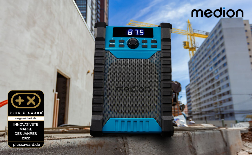 MEDION E66877 DAB+ Радіо для будівельних майданчиків: Bluetooth 5.0, IP44 (вологозахист), LED-ліхтар, акумулятор та мережа, DAB+ радіоприймач