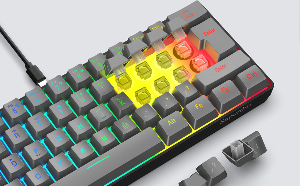 Ігрова клавіатура Snpurdiri з RGB підсвічуванням, механічний відгук, компактна, офісна для ПК (63 білий/чорний/оранжевий) (61 сірий)