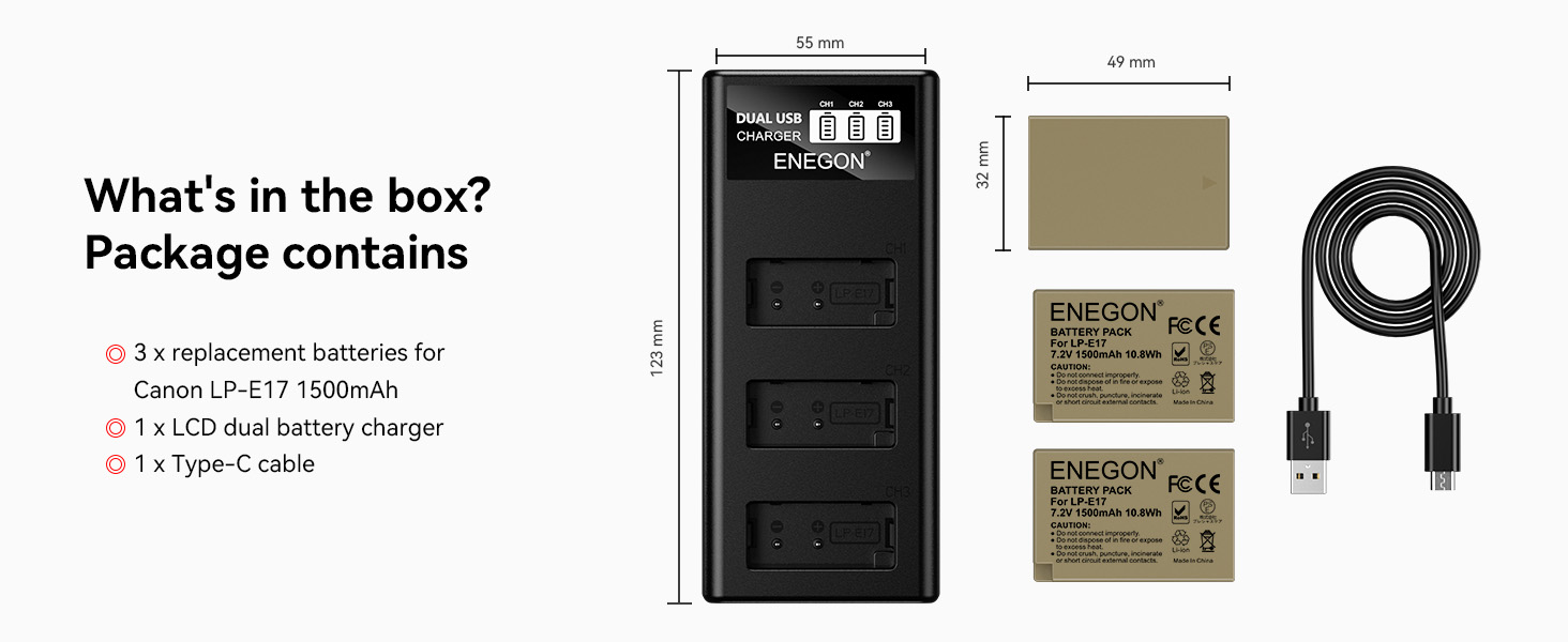 Акумулятори ENEGON LP-E17 1500mAh (3 шт.) + Зарядний пристрій LCD з 3-секційним відсіком, сумісний з Canon EOS R10, R8, RP, R50, R100, 200D, 250D, 77D, 750D, 760D, 800D, 8000D, M3, M5, M6, Rebel SL2, T6i, T6s, T7i