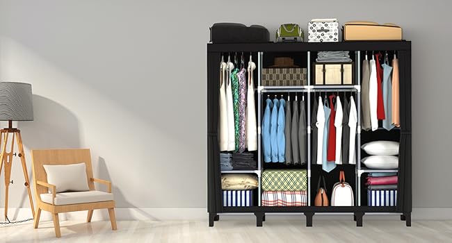 Тканинна шафа LOEFME 170x175x45 см для спальні, чорна, з 2 рейками для вішалок