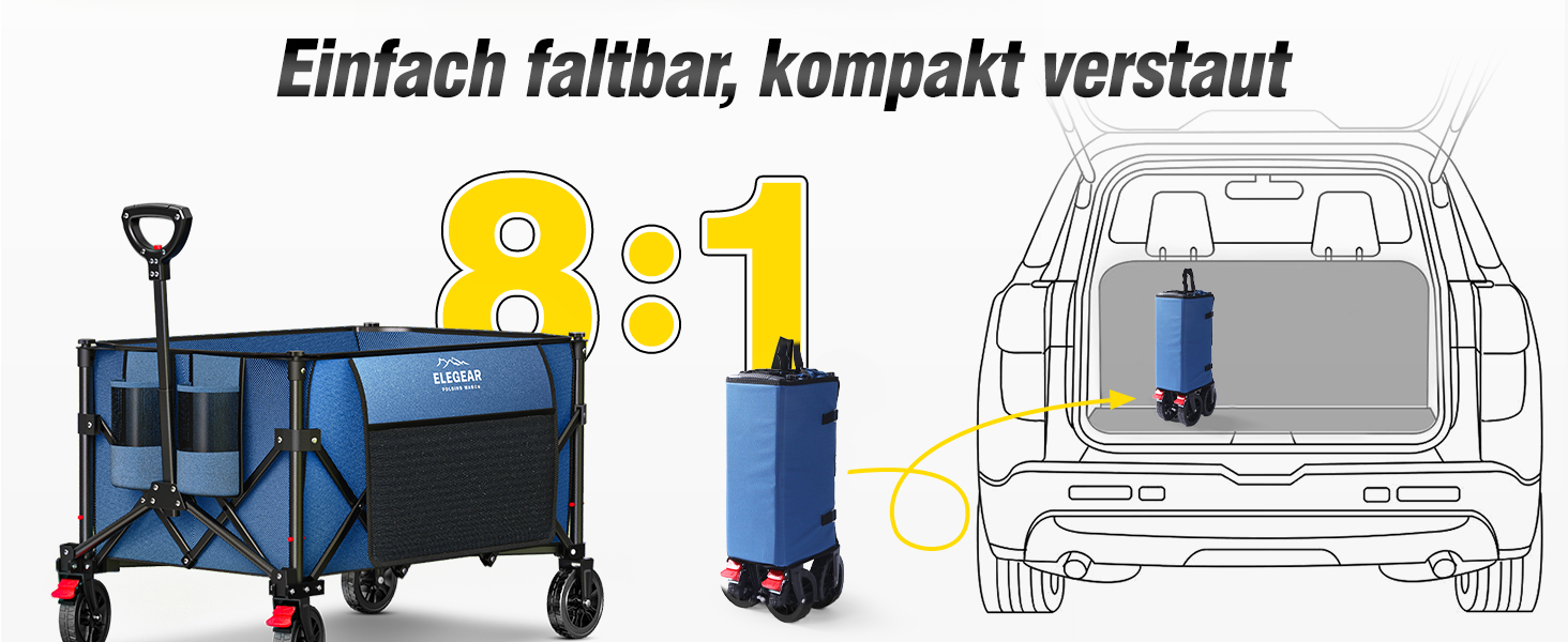 Універсальний складаний візок Elegear Bollerwagen 150L для пляжу, саду, кемпінгу, синій - вантажопідйомність 150 кг, 2 тримачі для напоїв, бічні кишені, гальма
