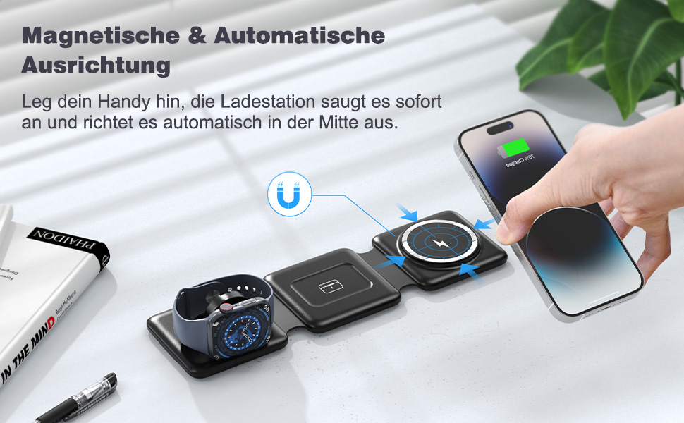 Зарядна станція MagSafe для iPhone: бездротовий зарядний пристрій 3-в-1, сумісний з iPhone 16/15/14/13/12 Pro Max Plus, iWatch, чорний