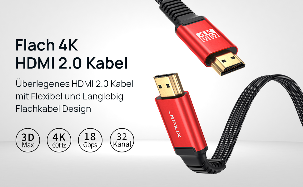 Кабель HDMI JSAUX 4K 3 метри: підтримка 4K@60Hz, HDR, UHD 2160p, Ethernet, ARC, для PS3/4, TV, PC (червоний)