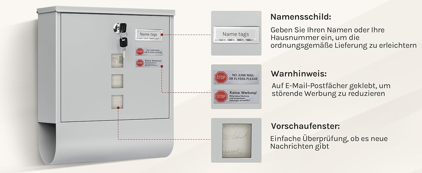 Поштовий ящик WOLTU з газетницею та оглядовим вікном, персоналізований, настінний, з замком та 2 ключами, сірий, 37x37x10.5 см