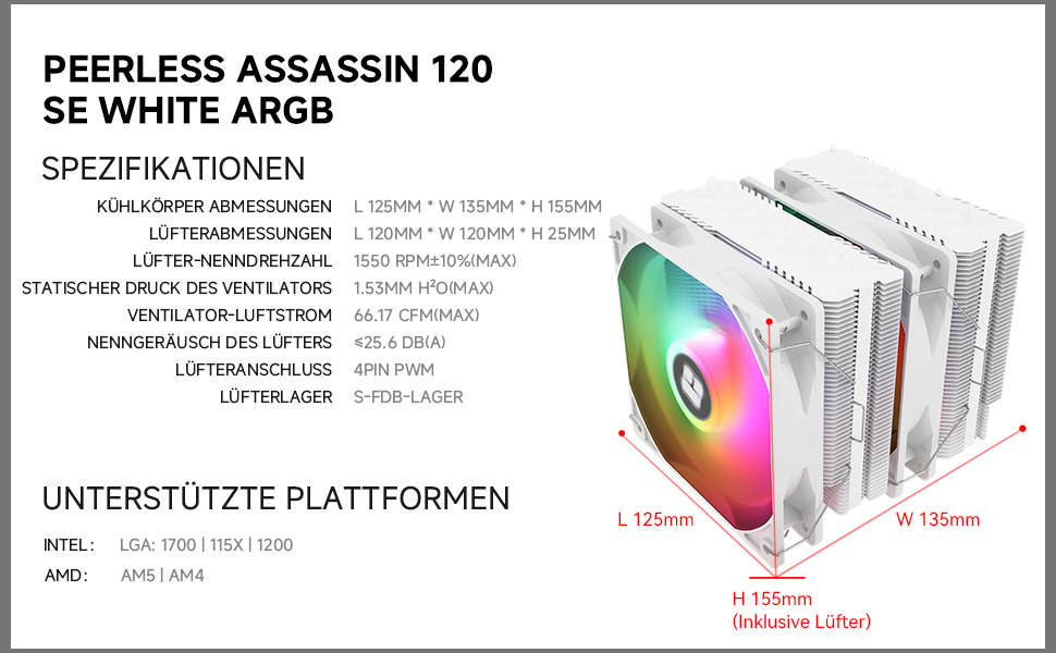 TR Peerless Assassin 120 SE ARGB - білий кулер для CPU з 6 heatpipes, 120 мм вентилятори, для AMD AM4 AM5/Intel 1700/1150/1151/1200
