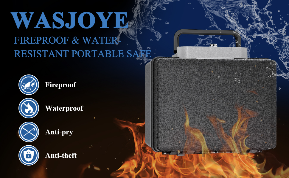 WASJOYE Portable Fireproof Safe Box with Key Lock - Home, Office, Car, Travel Security Box (6.8L, 16.8 x 32.4 x 39 cm)