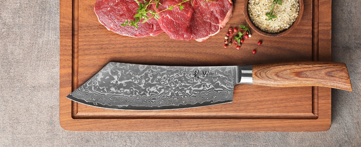 Ніж кухарський Wakoli EDIB Pro Damast BBQ & Blockmesser 20 см з лезом з 67 шарів дамаської сталі (VG10) з ергономічною ручкою з паккавуда для м'яса, гриля та смаження. У подарунковій коробці. Без гравіювання.