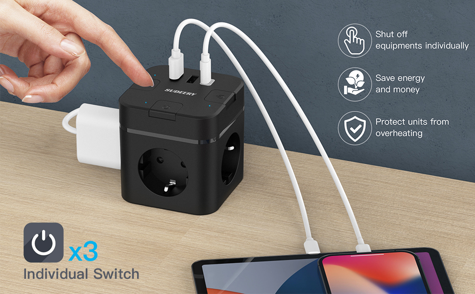 Багатофункціональний USB-розподільник 6 в 1 з USB-C, 3 розетки, індивідуальне вмикання, куб, кабель, для офісу, дому, подорожей (4M, чорний)