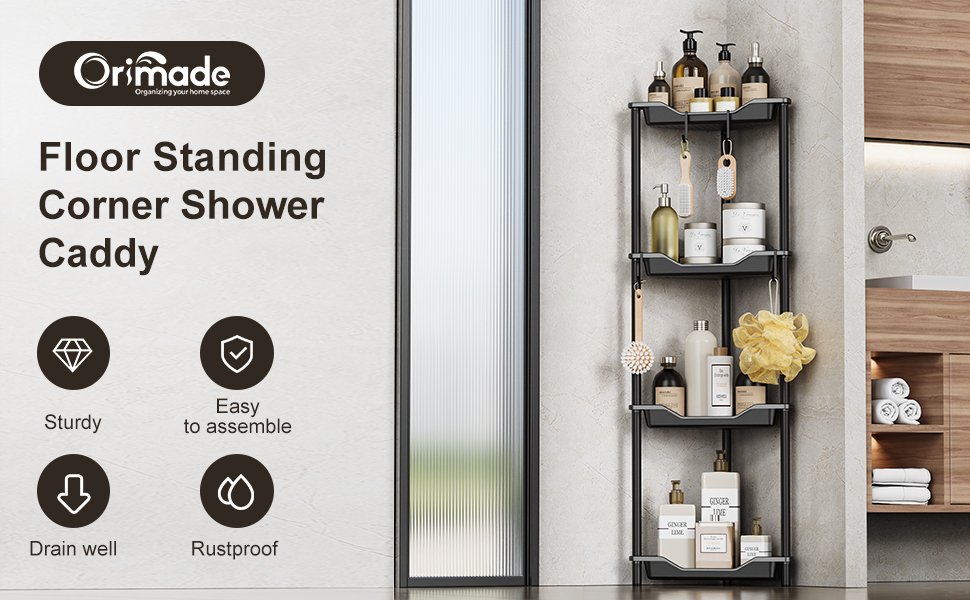 Дзеркальна поличка для душу Orimade (4 шт.) з нержавіючої сталі, кутова, чорна