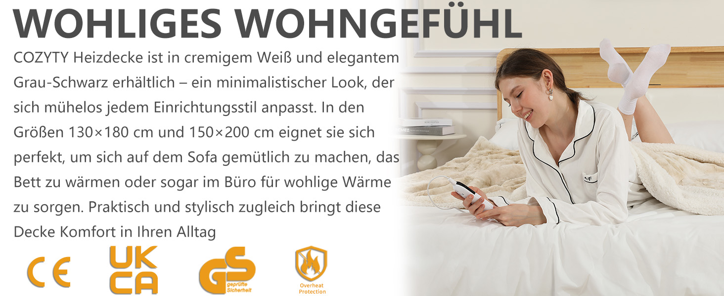 Електрична ковдра COZYTY 150x200 см з підігрівом, фланель, 6 режимів нагріву, таймер, захист від перегріву, пральна машина, молочно-білий колір