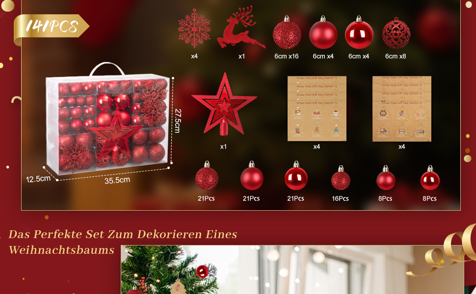 Набір прикрас для ялинки 141 шт. з пластику: матові, глянцеві, з блискітками, з вирізанням. Декоративні кулі для ялинки, червоні. Прикраси для дому та вулиці