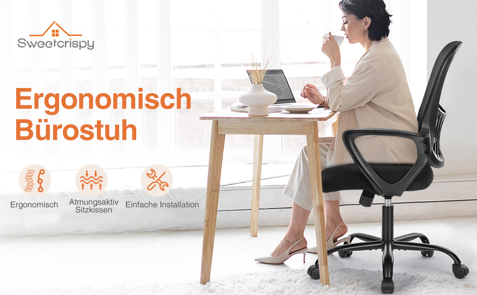 Ергономічне крісло Sweetcrispy для офісу та дому: регульована висота, підтримка попереку, з підлокітниками (чорний)