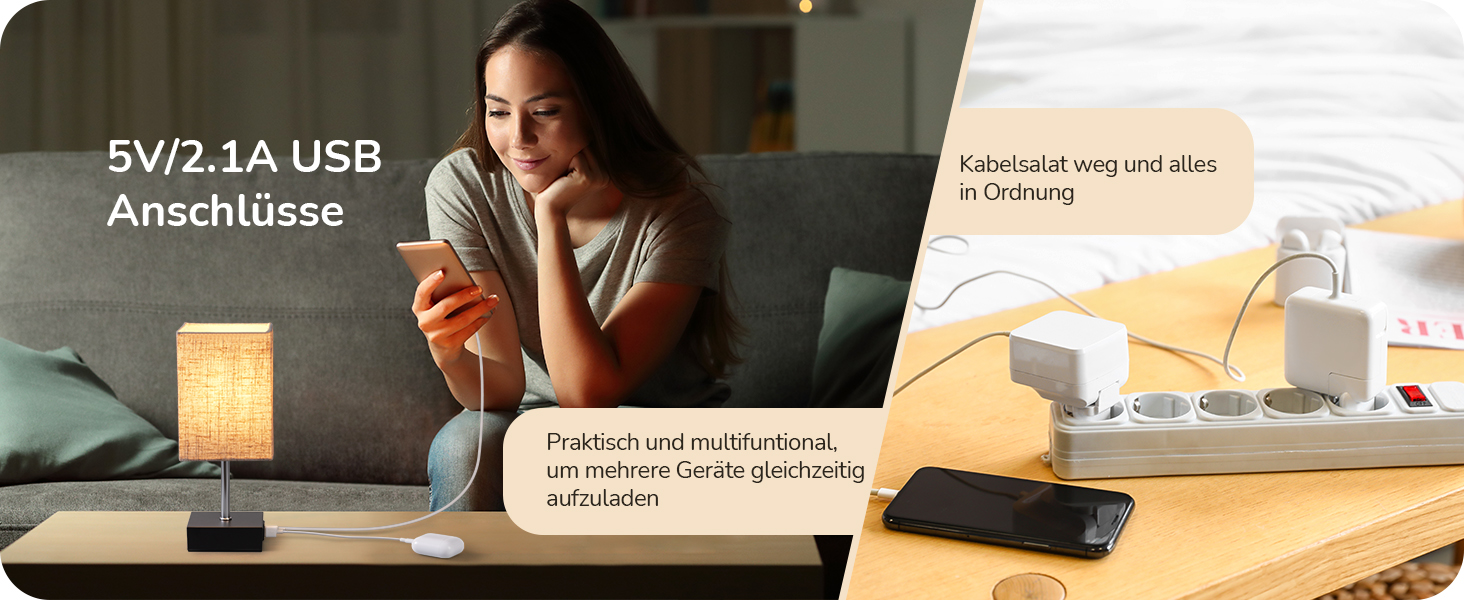 Світлодіодні настільні лампи EDISHINE 2 в 1: сенсорне регулювання яскравості, USB-зарядка, бежево-чорні, для спальні, вітальні