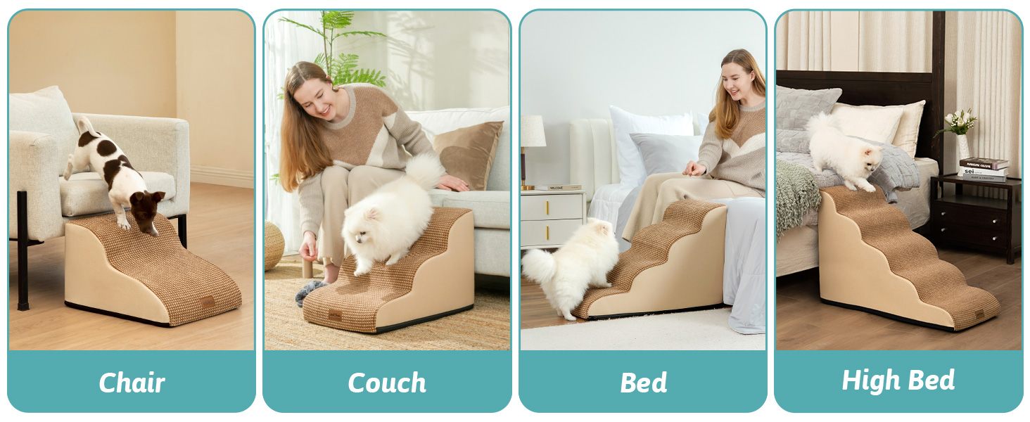 Сходинки для собак маленьких порід 50 см, для ліжка, з високощільним губчатим наповнювачем, 4 сходинки, знімний та миючий чохол, неслизьке покриття, 40x72x50 см, світло-коричневий колір