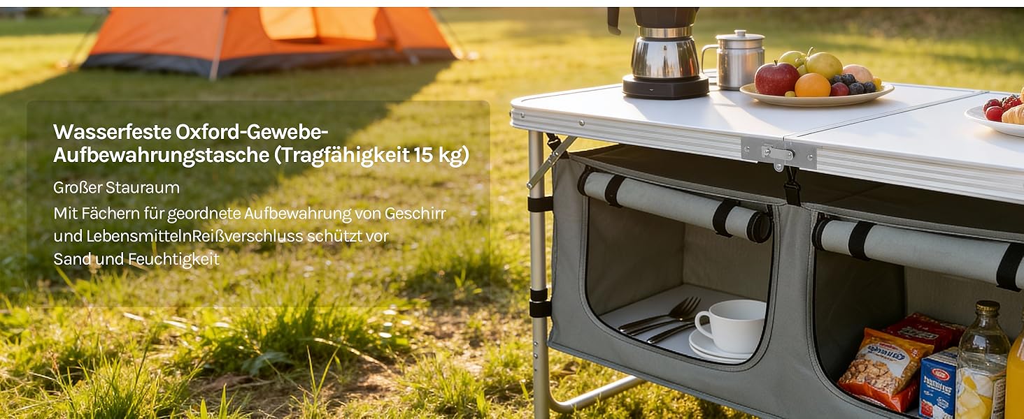 Складний алюмінієвий кемпінговий стіл WOLTU з регульованою висотою та полицями для зберігання, білий+сірий - для пікніка, пляжу, саду