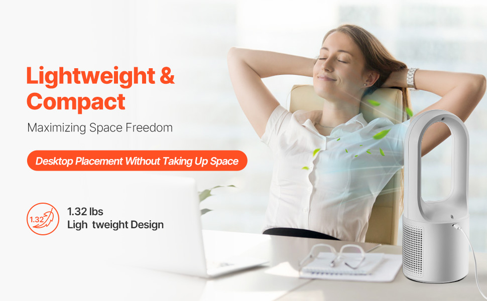 Безлопатевий вентилятор VEVOR 330 мм, портативний USB-вентилятор, 6 режимів, тихий, з LCD-дисплеєм, для дому, офісу, дитячої кімнати