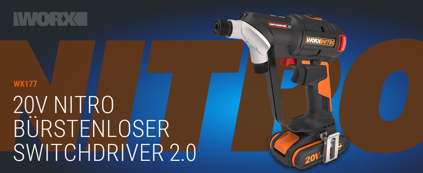 WORX WX177 NITRO акумуляторний дриль-шуруповерт Switchdriver 2.0 20V – потужний безщітковий двигун, 50Nm крутний момент, швидка заміна біт, точне регулювання крутного моменту, в комплекті акумулятор та зарядний пристрій. NITRO версія