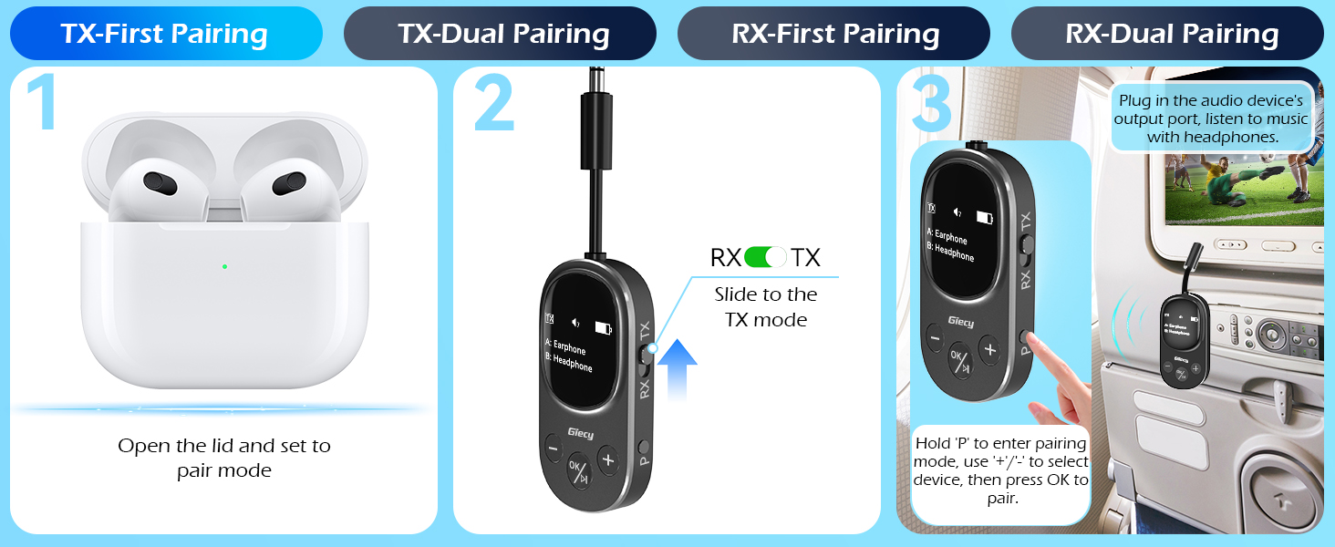 Bluetooth-адаптер 2-в-1 (передавач та приймач) з OLED-дисплеєм, aptX Low Latency, роз'єм 3.5 мм Jack для ТБ, літака, навушників та AirPods, чорний