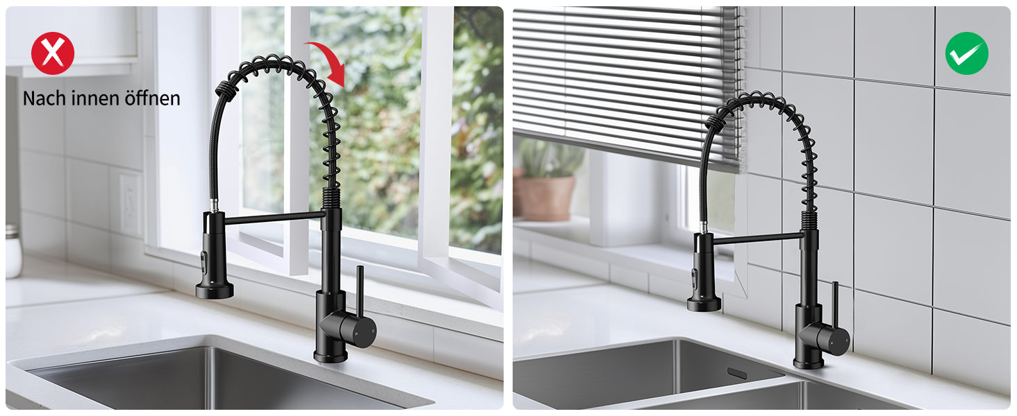 Кухонний змішувач Rainsworth з нержавіючої сталі, чорний, з висувною лійкою та двома струменями, 360° обертання, 45 см