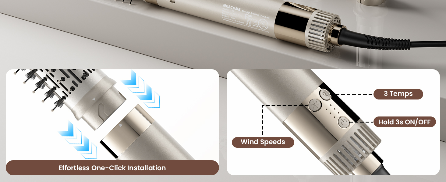 5-в-1 Airstyler: Іонний фен, локони, об'єм та випрямлення без шкоди для волосся | Легкий, для дому, Champagner Gold