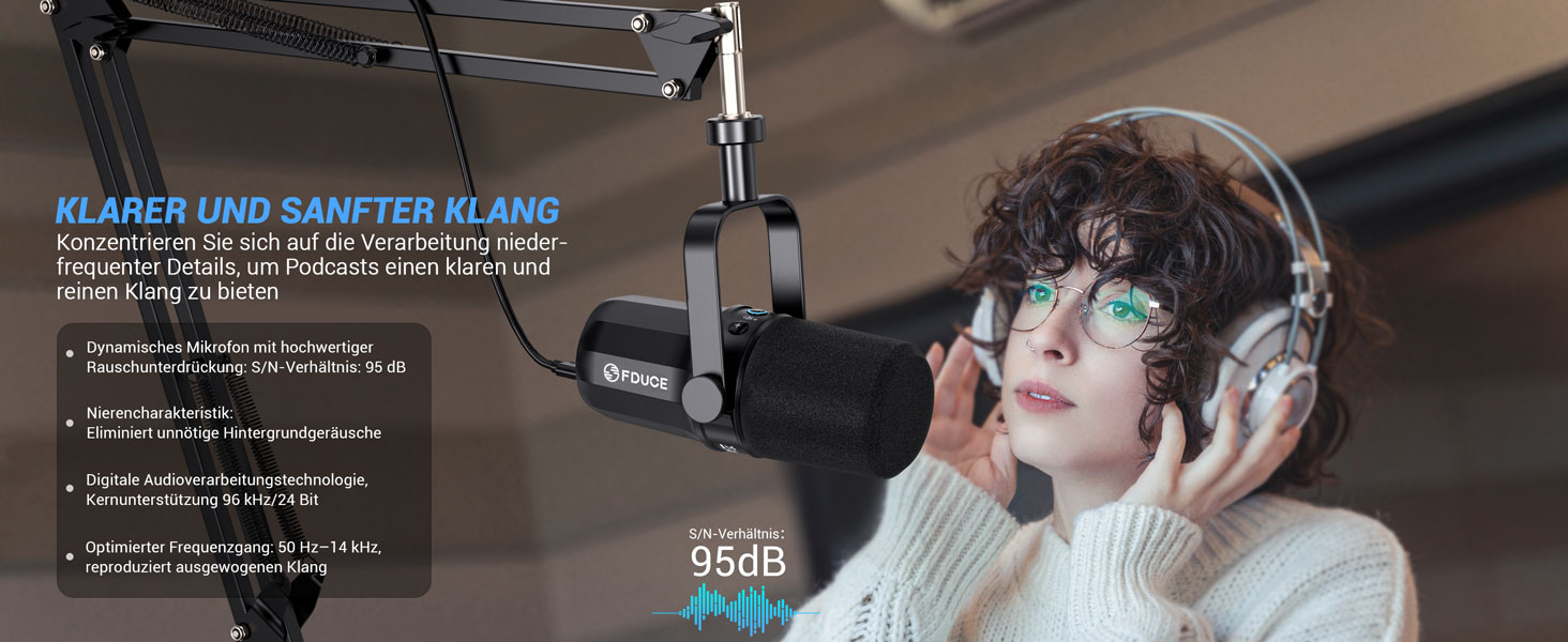 FDUCE SL40+ – динамічний мікрофон для подкастів, геймінгу та стрімінгу, USB/XLR, з кріпленням-жабою, вихід для навушників, кнопка вимкнення мікрофона, регулювання чутливості, чорний