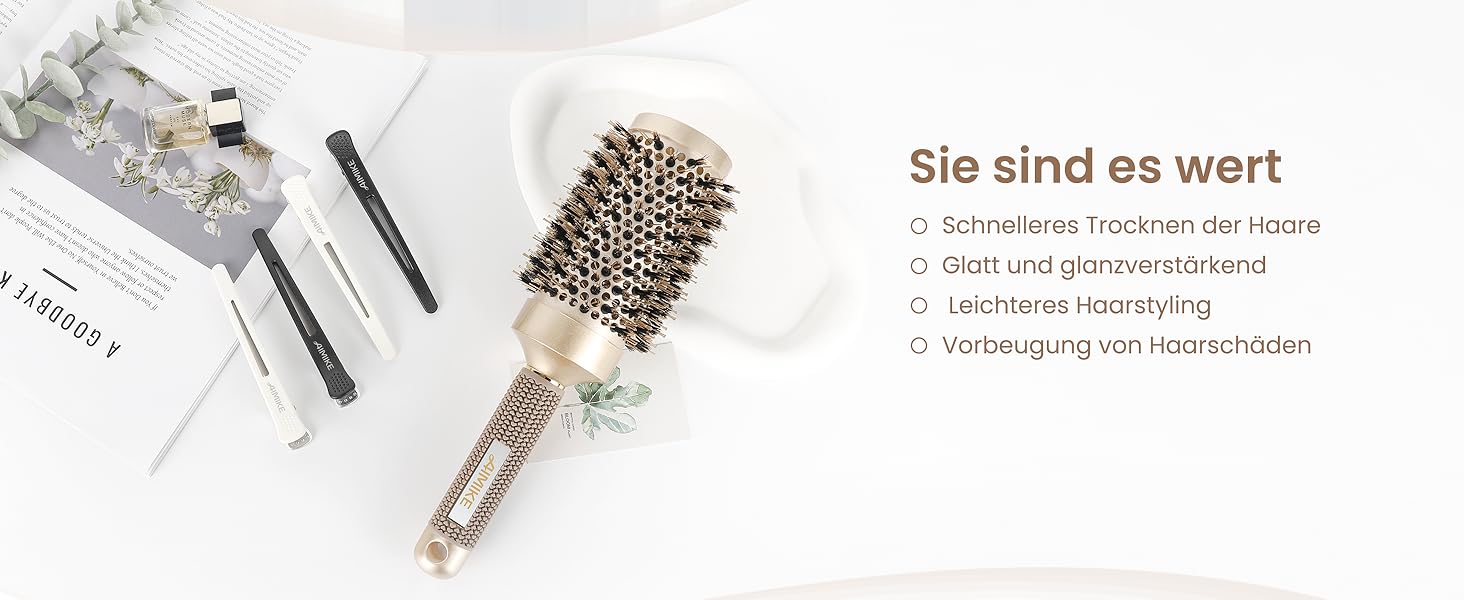 Кругла щітка для волосся AIMIKE 53 мм з щетиною кабана для сушіння, укладання та створення об'єму