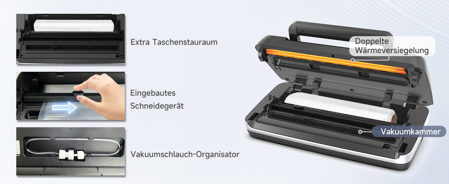 Вакуумний пакувальник OidoZac 85kPa, 12-в-1, з подвійною зварювальною лінією, вбудованим різаком та контейнером для пакетів, срібно-чорний