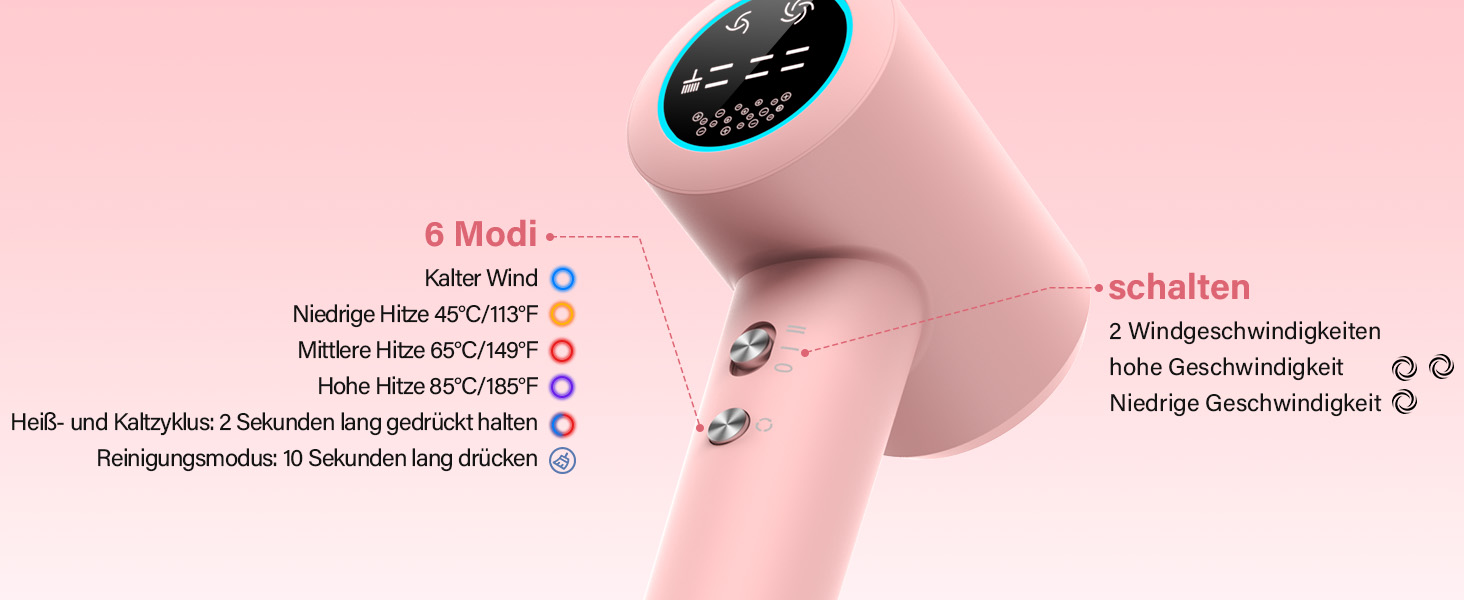 Фен з дифузором, 57dB, швидке сушіння, для подорожей та дому (рожевий)