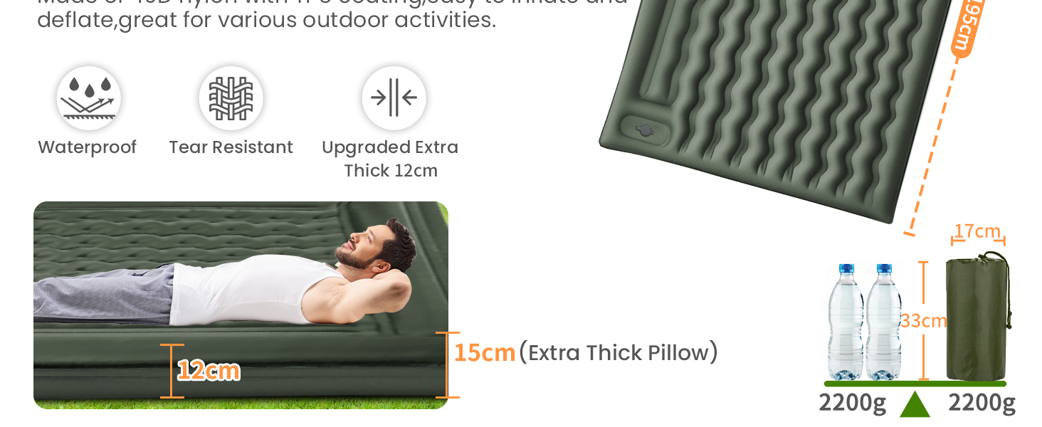 Airminti Self-Inflating Camping Mat - 12cm Thick, Lightweight Air Mattress with Foot Pump & Pillow - Outdoor Sleeping Pad for Camping, Trekking, Beach & Festival - Compact, Army Green (2 Person)